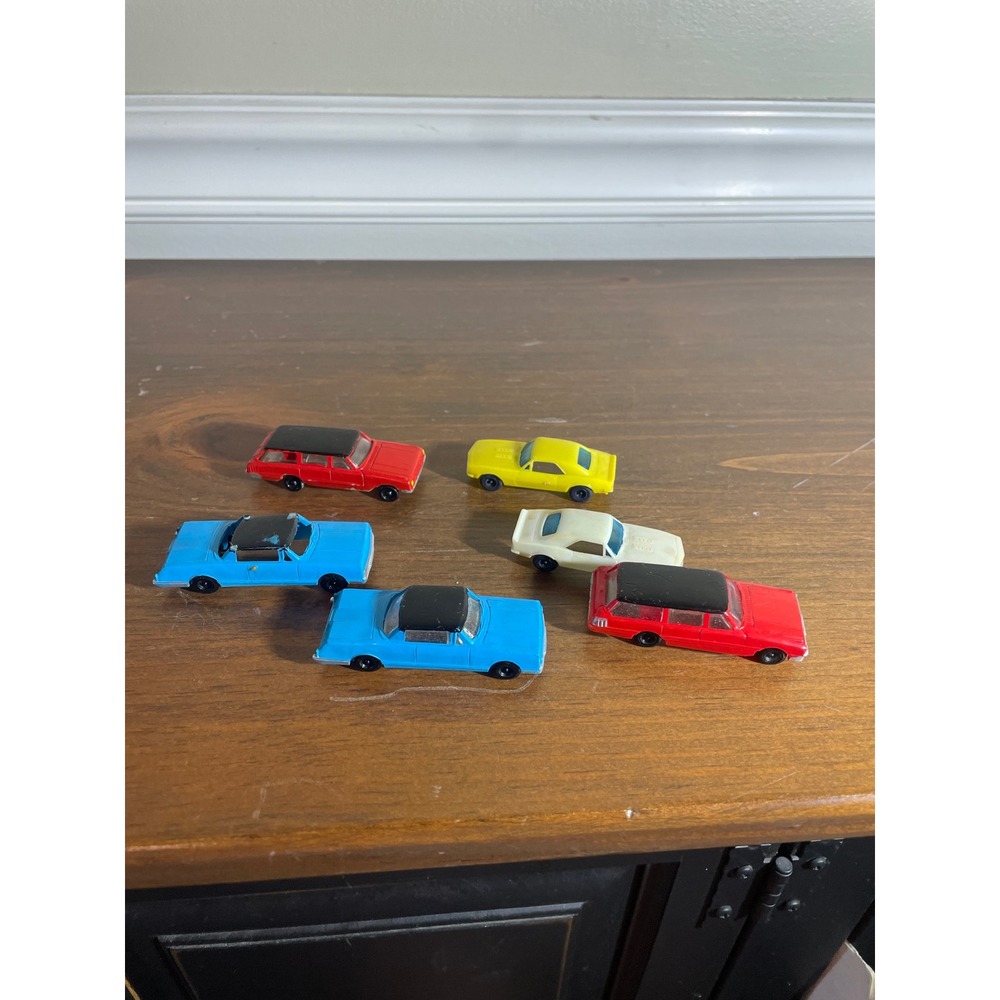 Vintage Plastic Toy Car Lot 6pc Miniature Station Wagon Coupe Yellow Blue Red